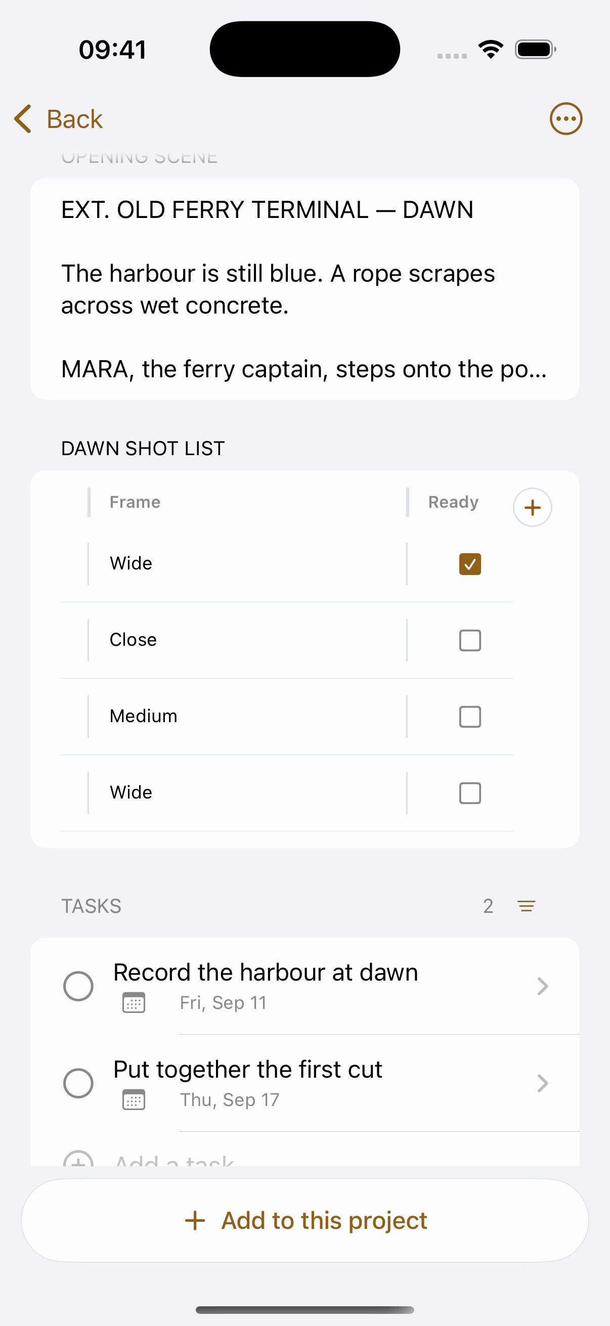 A native project shot list